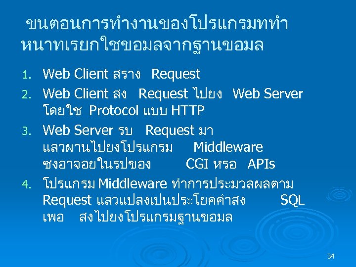 ขนตอนการทำงานของโปรแกรมททำ หนาทเรยกใชขอมลจากฐานขอมล 1. 2. 3. 4. Web Client สราง Request Web Client สง Request