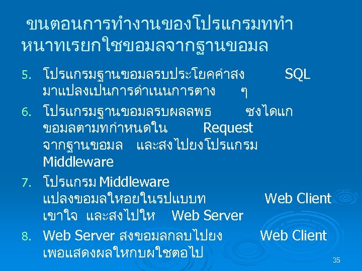 ขนตอนการทำงานของโปรแกรมททำ หนาทเรยกใชขอมลจากฐานขอมล 5. 6. 7. 8. โปรแกรมฐานขอมลรบประโยคคำสง SQL มาแปลงเปนการดำเนนการตาง ๆ โปรแกรมฐานขอมลรบผลลพธ ซงไดแก ขอมลตามทกำหนดใน Request