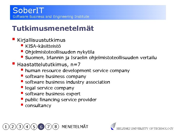 Sober. IT Software Business and Engineering Institute Tutkimusmenetelmät § Kirjallisuustutkimus § KISA-käsitteistö § Ohjelmistoteollisuuden