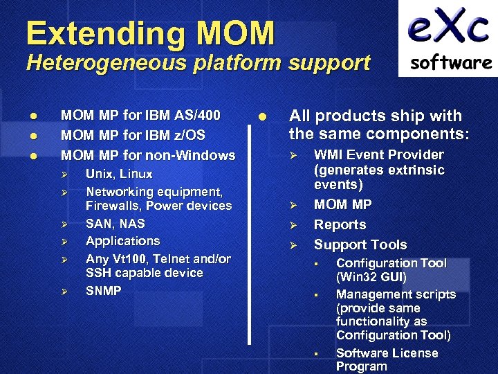 Extending MOM Heterogeneous platform support l l l MOM MP for IBM AS/400 MOM