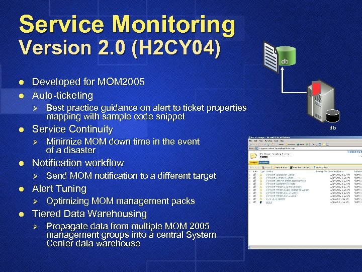 Service Monitoring Version 2. 0 (H 2 CY 04) l l Developed for MOM