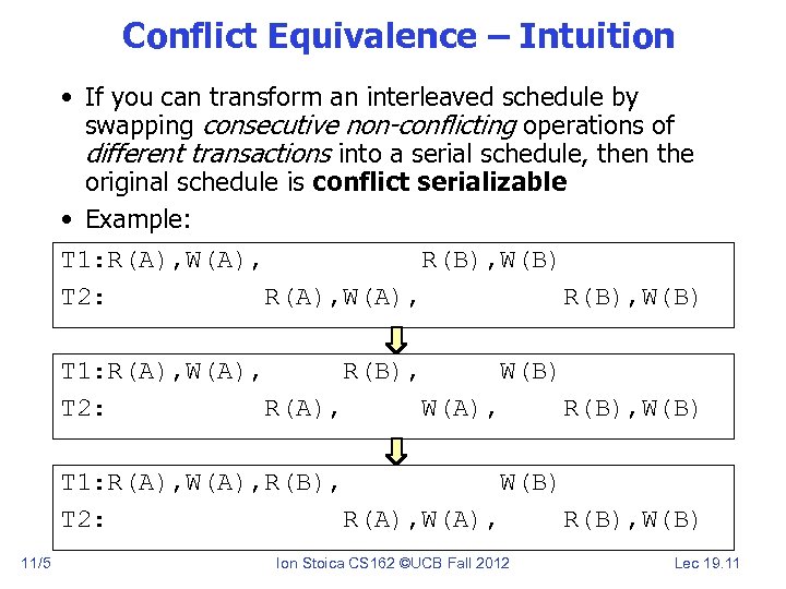 Conflict Equivalence – Intuition • If you can transform an interleaved schedule by swapping