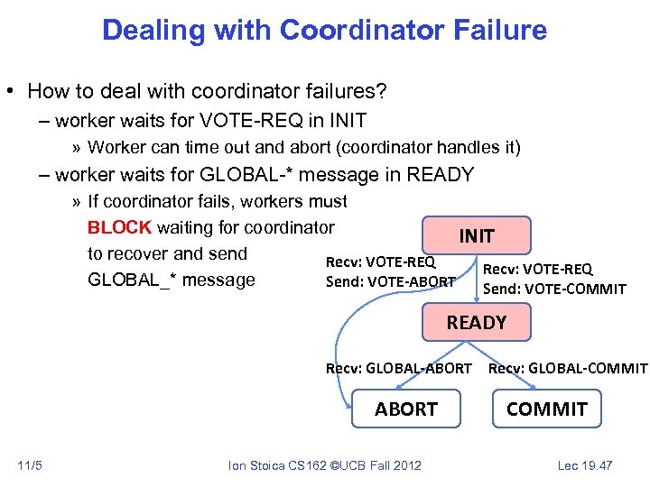 Dealing with Coordinator Failure • How to deal with coordinator failures? – worker waits