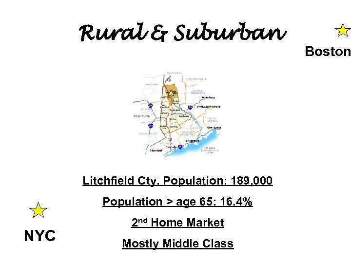 Rural & Suburban Litchfield Cty. Population: 189, 000 Population > age 65: 16. 4%