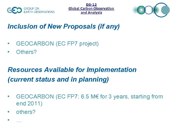 DS-12 Global Carbon Observation and Analysis Inclusion of New Proposals (if any) • •