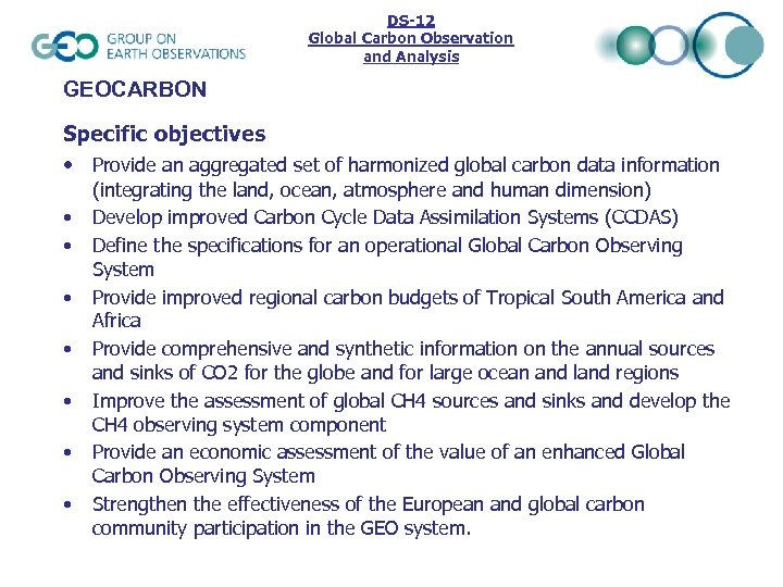 DS-12 Global Carbon Observation and Analysis GEOCARBON Specific objectives • Provide an aggregated set