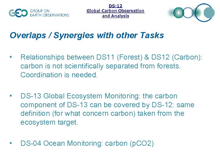 DS-12 Global Carbon Observation and Analysis Overlaps / Synergies with other Tasks • Relationships