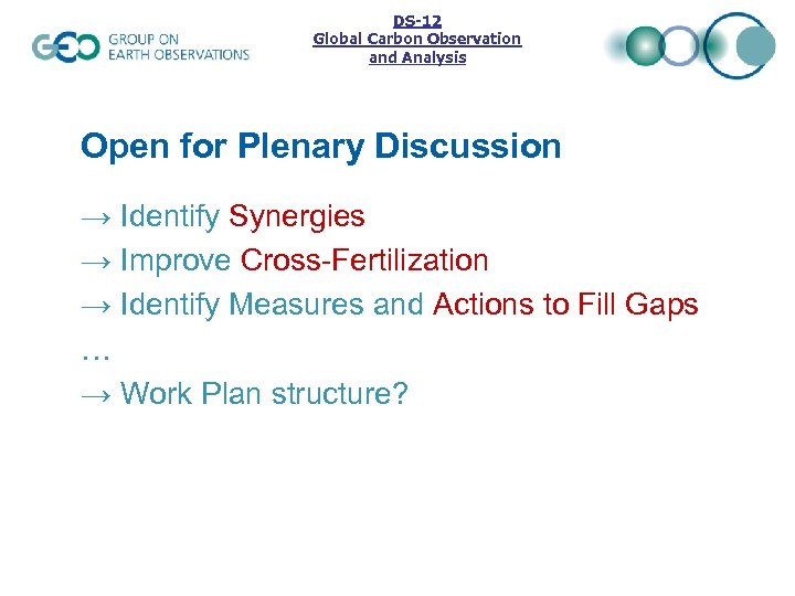 DS-12 Global Carbon Observation and Analysis Open for Plenary Discussion → Identify Synergies →