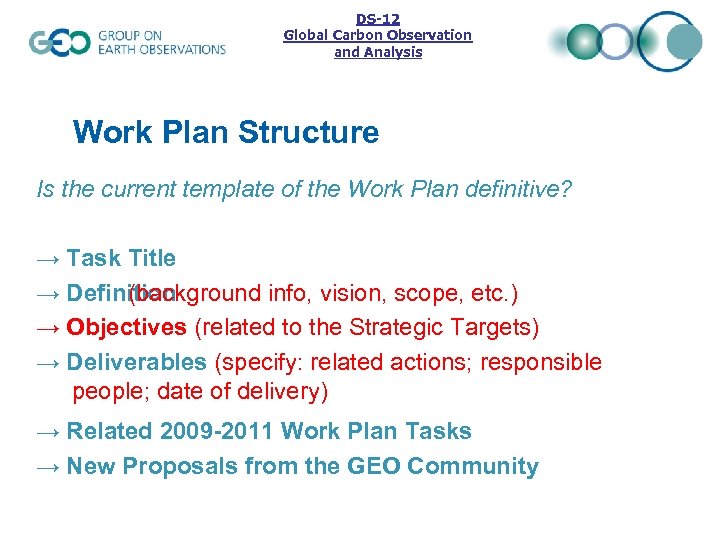 DS-12 Global Carbon Observation and Analysis Work Plan Structure Is the current template of