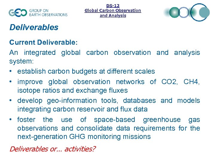 DS-12 Global Carbon Observation and Analysis Deliverables Current Deliverable: An integrated global carbon observation