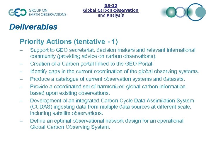 DS-12 Global Carbon Observation and Analysis Deliverables Priority Actions (tentative - 1) – –