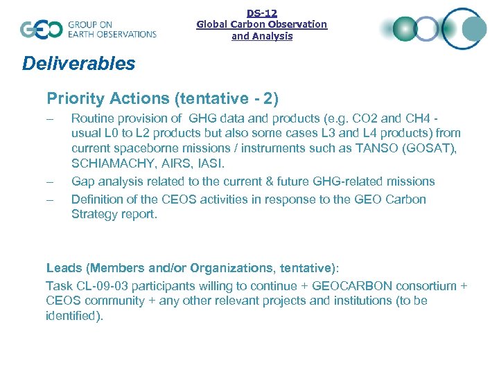 DS-12 Global Carbon Observation and Analysis Deliverables Priority Actions (tentative - 2) – –