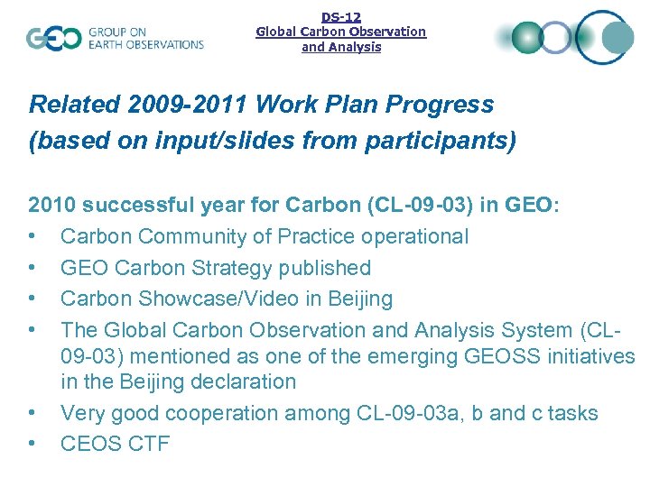 DS-12 Global Carbon Observation and Analysis Related 2009 -2011 Work Plan Progress (based on