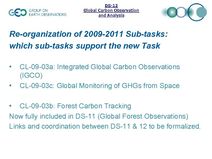DS-12 Global Carbon Observation and Analysis Re-organization of 2009 -2011 Sub-tasks: which sub-tasks support