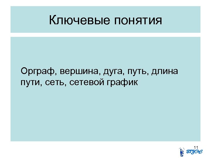 Ключевые понятия Орграф, вершина, дуга, путь, длина пути, сеть, сетевой график 11 