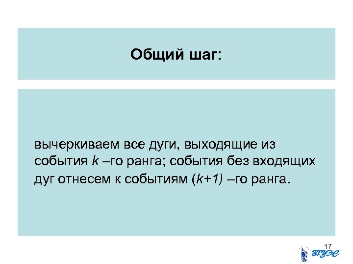 Общий шаг: вычеркиваем все дуги, выходящие из события k –го ранга; события без входящих