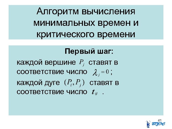 Алгоритм вычисления минимальных времен и критического времени Первый шаг: каждой вершине ставят в соответствие