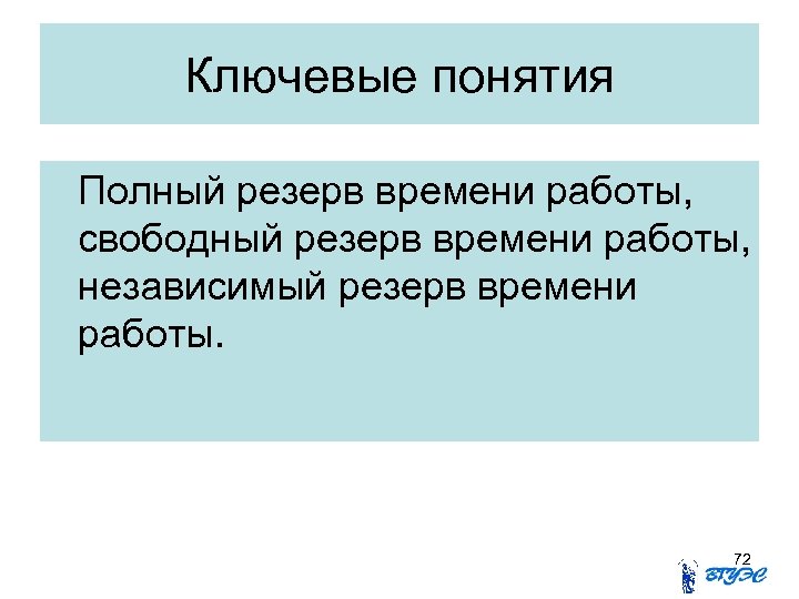 Ключевые понятия Полный резерв времени работы, свободный резерв времени работы, независимый резерв времени работы.