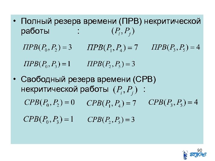  • Полный резерв времени (ПРВ) некритической работы : • Свободный резерв времени (СРВ)
