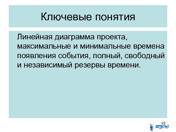 Ключевые понятия Линейная диаграмма проекта, максимальные и минимальные времена появления события, полный, свободный и