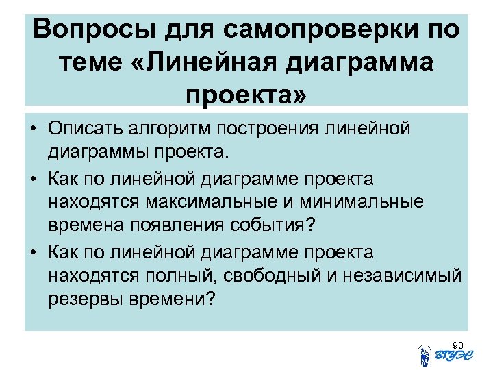 Вопросы для самопроверки по теме «Линейная диаграмма проекта» • Описать алгоритм построения линейной диаграммы