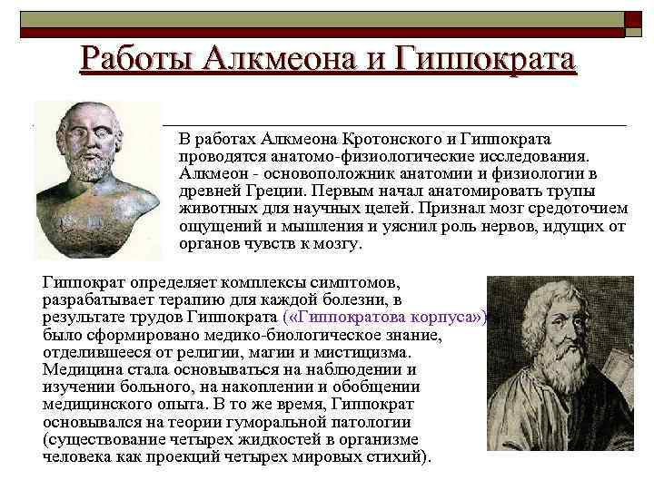Работы Алкмеона и Гиппократа В работах Алкмеона Кротонского и Гиппократа проводятся анатомо-физиологические исследования. Алкмеон