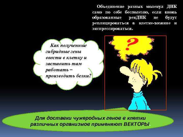 Объединение разных молекул ДНК само по себе бесполезно, если вновь образованные рек. ДНК не