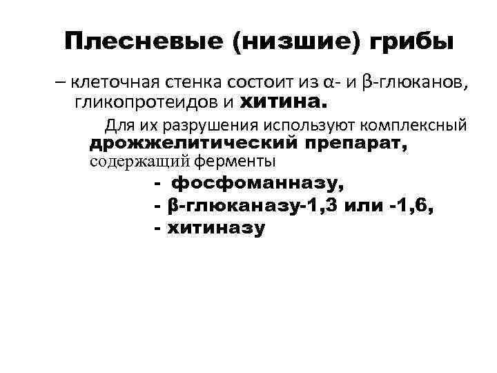 Плесневые (низшие) грибы – клеточная стенка состоит из α- и β-глюканов, гликопротеидов и хитина.