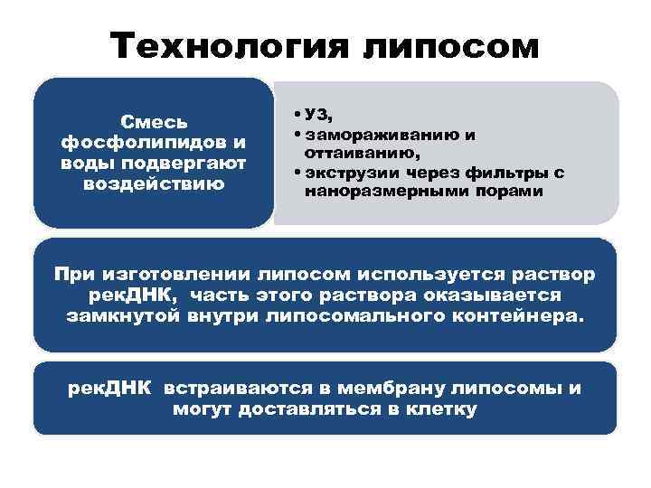 Технология липосом Смесь фосфолипидов и воды подвергают воздействию • УЗ, • замораживанию и оттаиванию,