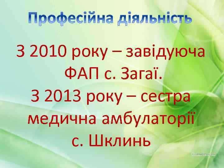 З 2010 року – завідуюча ФАП с. Загаї. З 2013 року – сестра медична