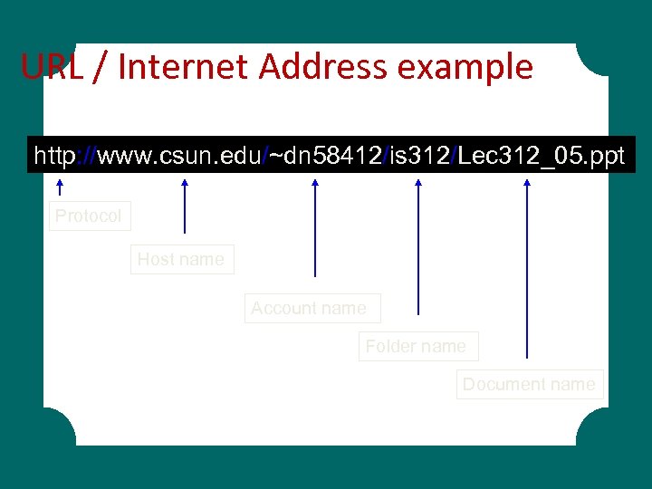 URL / Internet Address example http: //www. csun. edu/~dn 58412/is 312/Lec 312_05. ppt Protocol