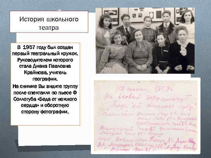 История школьного театра В 1957 году был создан первый театральный кружок. Руководителем которого стала