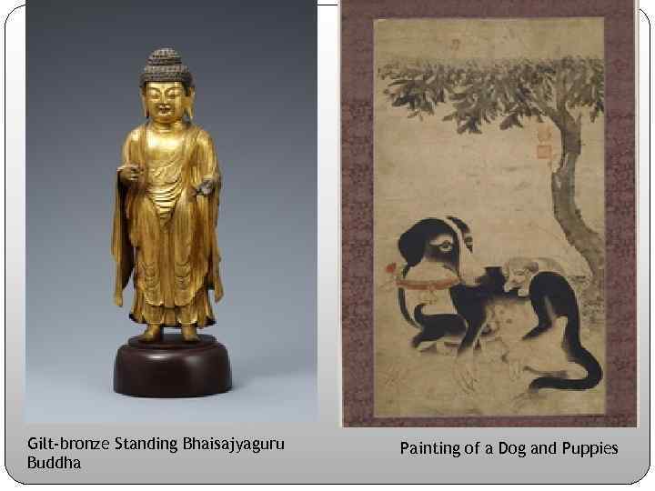 Gilt-bronze Standing Bhaisajyaguru Buddha Painting of a Dog and Puppies 