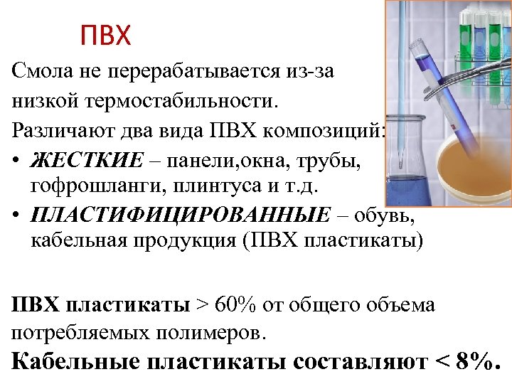 ПВХ Смола не перерабатывается из-за низкой термостабильности. Различают два вида ПВХ композиций: • ЖЕСТКИЕ