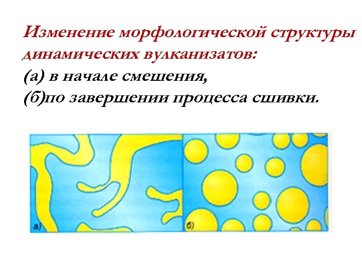 Изменение морфологической структуры динамических вулканизатов: (а) в начале смешения, (б)по завершении процесса сшивки. 