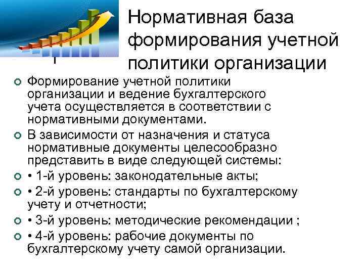 Нормативная база формирования учетной политики организации ¢ ¢ ¢ Формирование учетной политики организации и