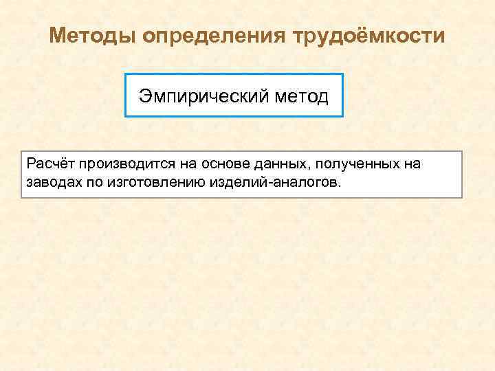 Методы определения трудоёмкости Эмпирический метод Расчёт производится на основе данных, полученных на заводах по