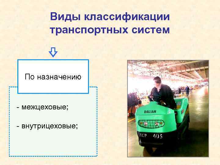 Виды классификации транспортных систем По назначению - межцеховые; - внутрицеховые; 