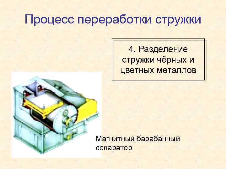 Процесс переработки стружки 4. Разделение стружки чёрных и цветных металлов Магнитный барабанный сепаратор 