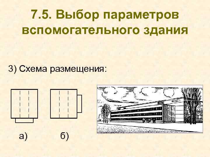 7. 5. Выбор параметров вспомогательного здания 3) Схема размещения: а) б) 