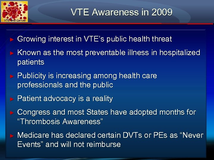 VTE Awareness in 2009 VTE and Cancer ► Growing interest in VTE’s public health