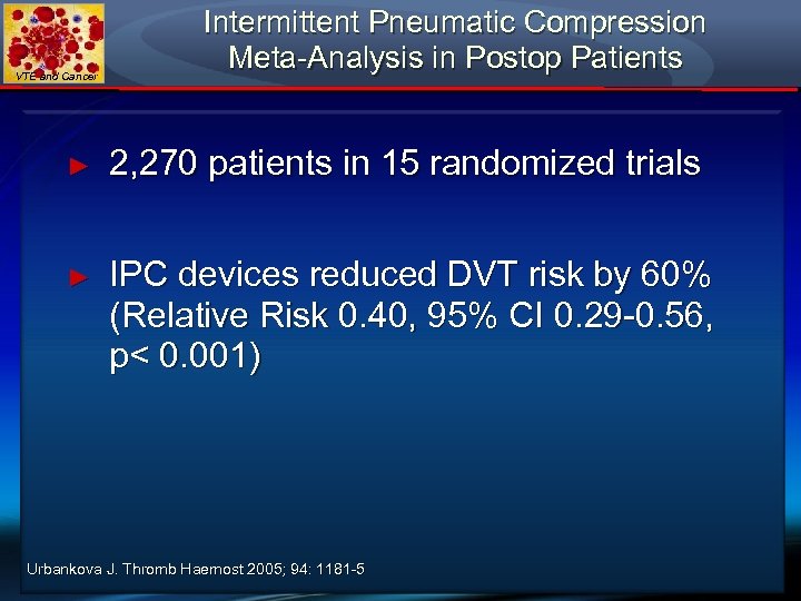 VTE and Cancer Intermittent Pneumatic Compression Meta-Analysis in Postop Patients ► 2, 270 patients