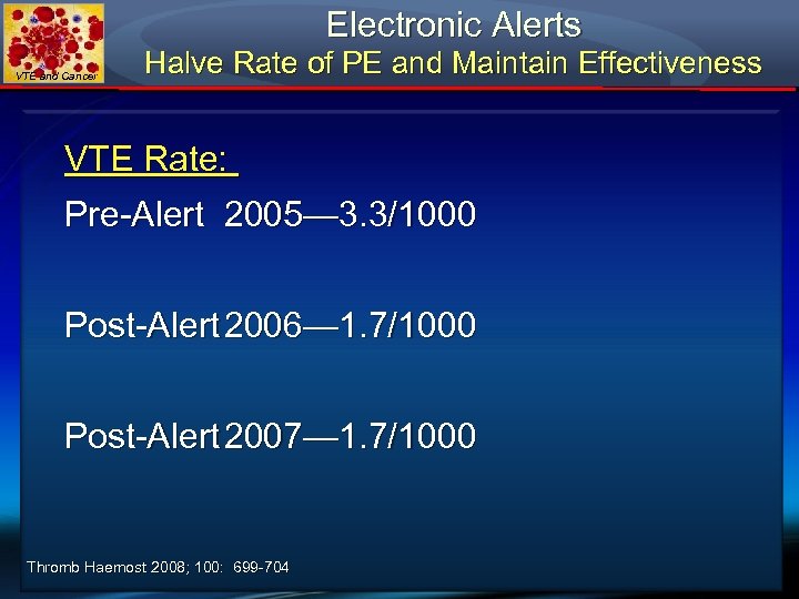 Electronic Alerts VTE and Cancer Halve Rate of PE and Maintain Effectiveness VTE Rate: