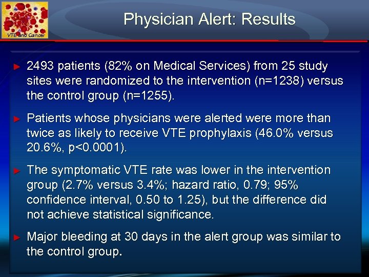 Physician Alert: Results VTE and Cancer ► 2493 patients (82% on Medical Services) from