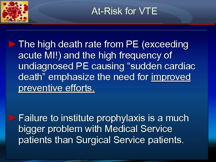 At-Risk for VTE and Cancer ► The high death rate from PE (exceeding acute