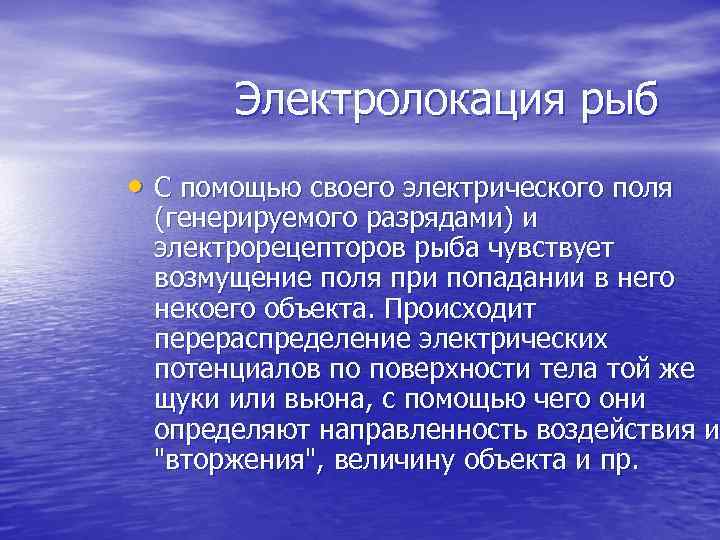 Электролокация рыб • С помощью своего электрического поля (генерируемого разрядами) и электрорецепторов рыба чувствует