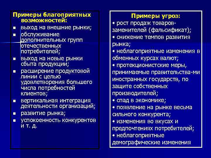 Примеры благоприятных возможностей: n выход на внешние рынки; n обслуживание дополнительных групп отечественных потребителей;