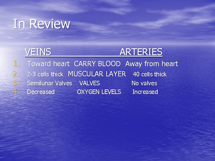 In Review VEINS ARTERIES 1. Toward heart CARRY BLOOD Away from heart 2. 3.