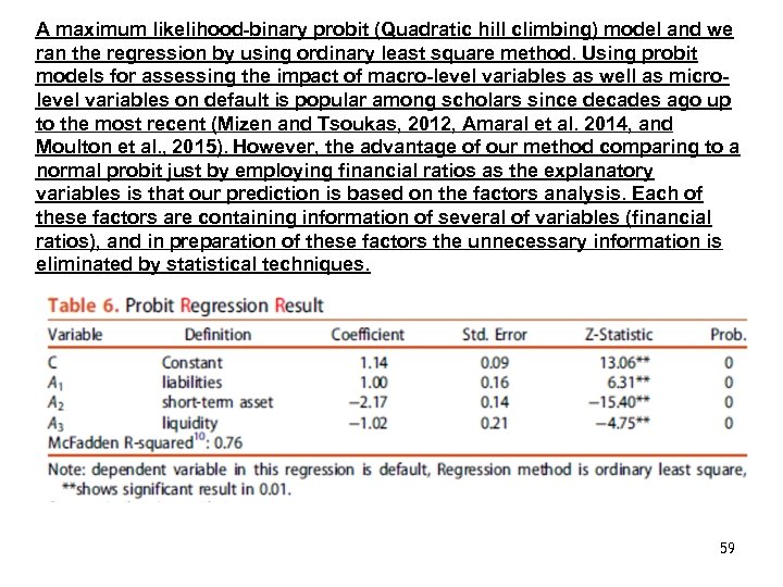 A maximum likelihood-binary probit (Quadratic hill climbing) model and we ran the regression by