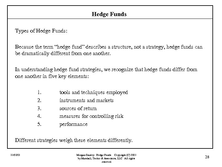 Hedge Funds Types of Hedge Funds: Because the term “hedge fund” describes a structure,